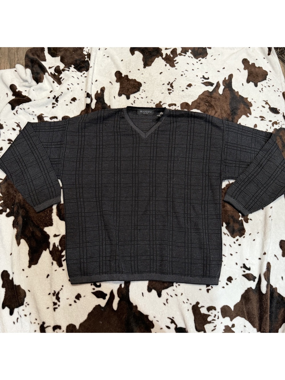 Brandini Italy 100% Merino Wool‎ V Neck Sweater Gray Plaid Men’s Large